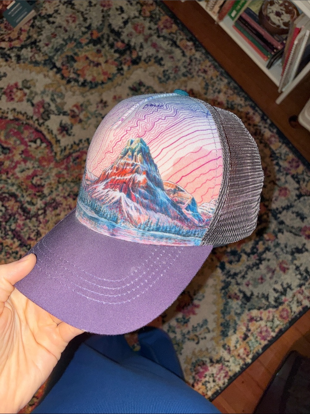 Artistic Mountain Print Trucker Hat in Purple and Multicolor